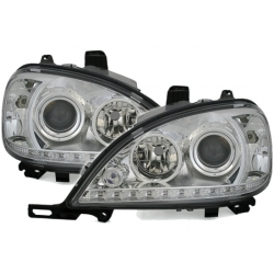 FAROS LED LUZ DIURNA Y LUPA MERCEDES ML W163- 98-01. FONDO CROMO.