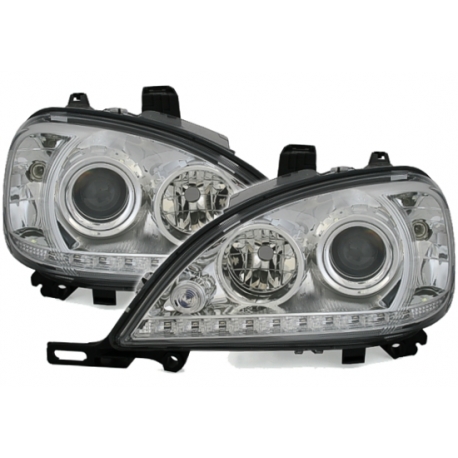 FAROIS LED LUZ DIURNA E PROJETOR MERCEDES ML W163- 98-01. FUNDO CROMADO.