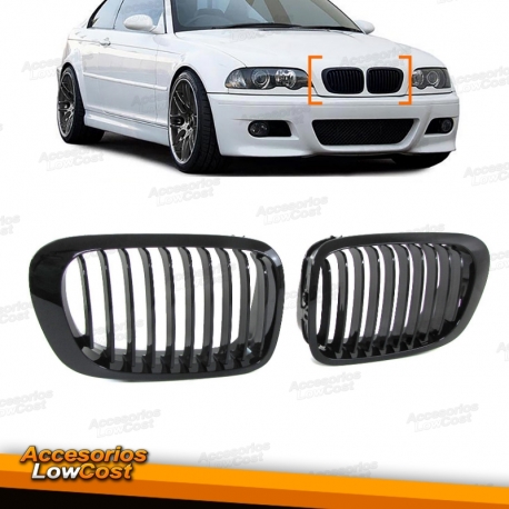 REJILLAS DELANTERAS NEGRO BRILLANTE PARA BMW SERIE 3 E46 COUPE Y CABRIO, 99-03