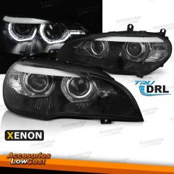 FAROS OJOS DE ÁNGEL XENON CON LUZ DIURNA LED DRL PARA BMW X5 E70, 06-10. FONDO NEGRO.