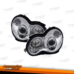 FAROS CON LUPA MERCEDES CLASE C W203 (00-07). FONDO CROMO.BOMBILLAS H7+H7