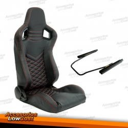 ASIENTO DEPORTIVO SEMIBAQUET LOOK RS EN CUERO NEGRO Y COSTURAS EN ROJO, CON GUIAS CORREDERAS