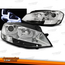 FAROS DELANTEROS CON DRL LED PARA VW GOLF VII, 11/12-17, TIPO U fondo cromo