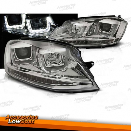 FAROS DELANTEROS CON DRL LED PARA VW GOLF VII, 11/12-17, TIPO U, Intermitente LED, fondo cromo. 