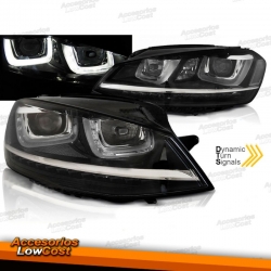 FAROS DELANTEROS CON DIURNA DRL LED E INTERMITENTE LED DINÁMICO PARA VW GOLF VII, 11/12-17, TIPO U, fondo negro. 