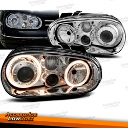 FAROS CON OJOS DE ANGEL PARA VW GOLF IV LOOK R32, 97-03.COLOR CROMO