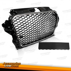 PARRILLA FRONTAL PARA AUDI A3 8V (12-16), ESTILO RS3, COLOR NEGRO BORDE CROMO