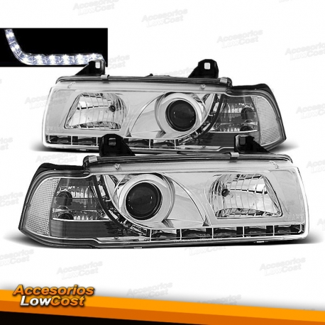 FAROIS COM LUZ DIURNA LED / BMW E36 COUPE / CABRIO / 90-99 FUNDO CROMADO