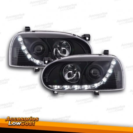 FAROIS COM LUZ DIURNA LED / VW GOLF 3 MKIII 91-97 FUNDO PRETO