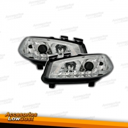 FAROS LUZ DIURNA LED RENAULT MEGANE 2 02-05. FONDO CROMO.