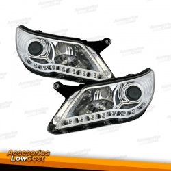 FAROIS COM LUZ DIURNA LED / VW TIGUAN / 07-11 FUNDO CROMADO