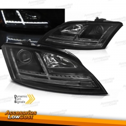 FAROS DELANTEROS CON LUZ DIURNA LED E INTERMITENTE DINÁMICO PARA AUDI TT 8J (06-10), H7+H1, FONDO NEGRO