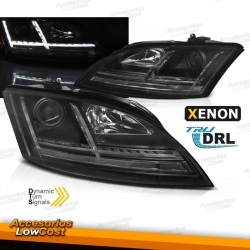 FAROS DELANTEROS CON LUZ DIURNA LED E INTERMITENTE DINÁMICO PARA AUDI TT 8J (06-10), H7+H1, FONDO NEGRO