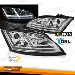 FAROS DELANTEROS XENON CON LUZ DIURNA LED E INTERMITENTE DINÁMICO PARA AUDI TT 8J (06-10), H7+H1, FONDO CROMO