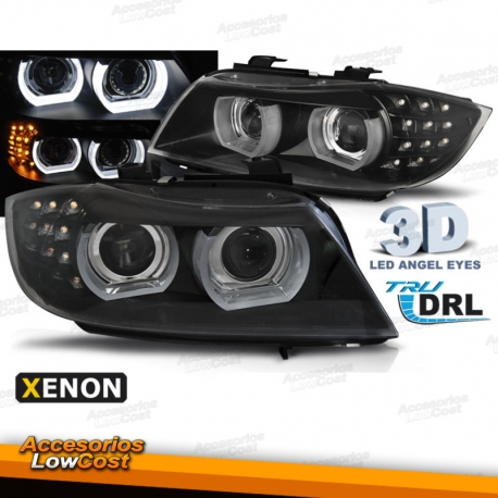 FAROS XENON OJOS DE ANGEL 3D BMW SERIE 3 E90 E91 08-12 FONDO NEGRO