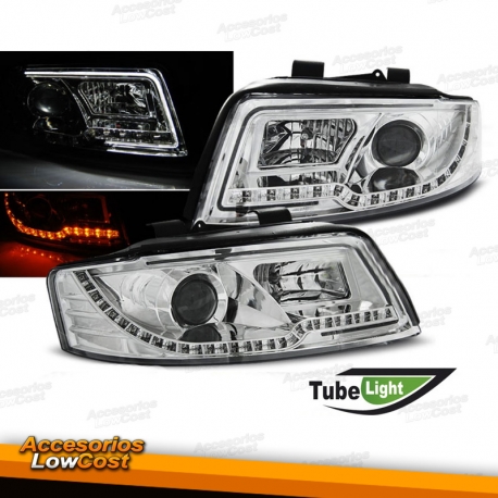 FAROS DELANTEROS AUDI A4 B6 00-04 LUZ DIURNA TUBE LIGHT FONDO CROMO