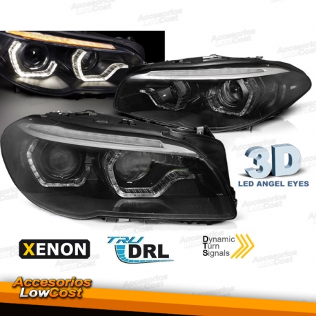 FAROS XENON CON OJOS DE ANGEL LED 3D PARA BMW F10/F11 (2010-07/2013), INTERMITENTE LED DINÁMICO, FONDO NEGRO