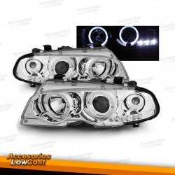 FAROS CON OJOS DE ANGEL E INTERMITENTE INTEGRADO PARA BMW SERIE 3 E46 (99-03), H1+H1, FONDO CROMO