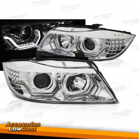 FAROS OJOS DE ANGEL DIURNA E INTERMITENTE LED PARA BMW SERIE 3 E90 E91 (05-08), H7+H1, FONDO CROMO