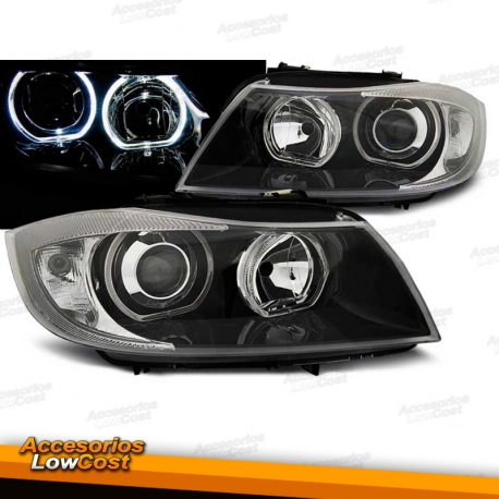 FAROS CON OJOS DE ANGEL LED PARA BMW SERIE 3 E90 E91 (05-11), H7+H7, FONDO NEGRO