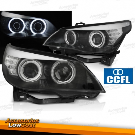 FAROS OJOS DE ANGEL CCFL E INTERMITENTE LED PARA BMW E60 (03-07), H7+H7, FONDO NEGRO