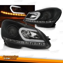 FAROS CON LUZ DIURNA LED PARA MERCEDES CLASE C W204 (11-14), FONDO NEGRO