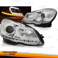 FAROS CON LUZ DIURNA LED PARA MERCEDES CLASE C W204 (11-14), FONDO CROMO