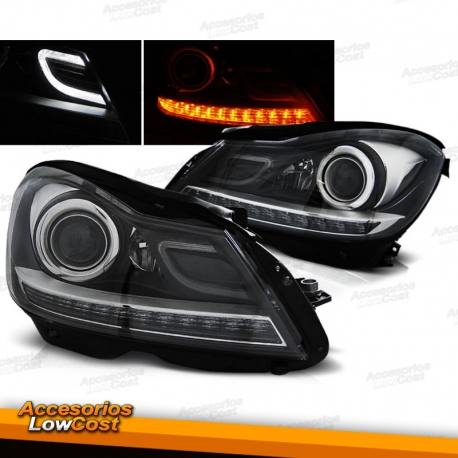 FAROS CON LUZ DIURNA LED PARA MERCEDES CLASE C W204 (11-14), FONDO NEGRO