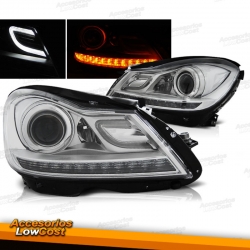 FAROS CON LUZ DIURNA E INTERMITENTE LED PARA MERCEDES CLASE C W204 (11-14), FONDO CROMO