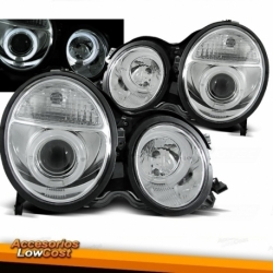 FAROS CON LUPA MERCEDES CLASE E W210 (99-02). OJOS DE ANGEL FONDO CROMO.