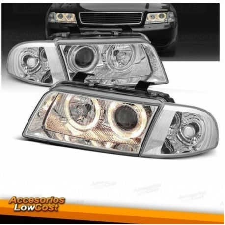 FAROIS COM LUZ DIURNA LED / AUDI A4 B5 99-00 FUNDO CROMADO