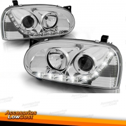 FAROIS COM LUZ DIURNA LED / VW GOLF 3 MKIII 91-97 FUNDO CROMADO