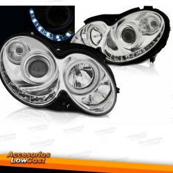 FAROIS COM LUZ DIURNA LED TFL / MERCEDES CLK W209 / 02-09 FUNDO CROMADO