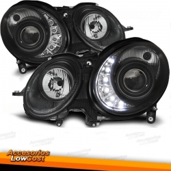 FAROIS COM LUZ DIURNA LED / MERCEDES E W211 / 02-06 FUNDO PRETO