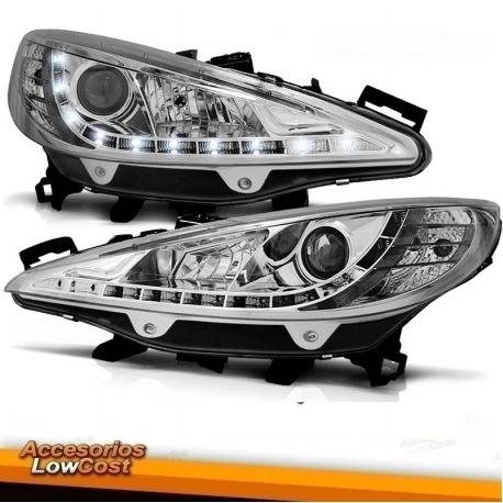 FAROIS COM LUZ DIURNA LED / PEUGEOT 207 / 06-09 FUNDO CROMADO