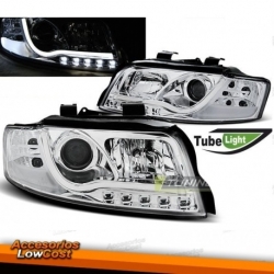 FAROIS COM LUZ DIURNA LED TFL / AUDI A4 B6 / 00-04 FUNDO CROMADO