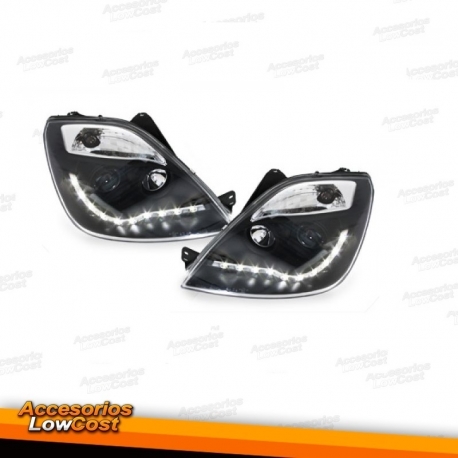 FAROIS COM LUZ DIURNA LED / FORD FIESTA / 02-05 FUNDO PRETO