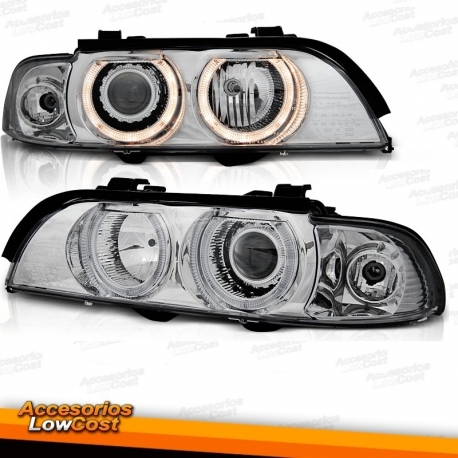 FAROIS ANGEL EYES COM PROJETOR PARA BMW SERIE 5 E39 (9/95 - 8/00). FUNDO CROMADO