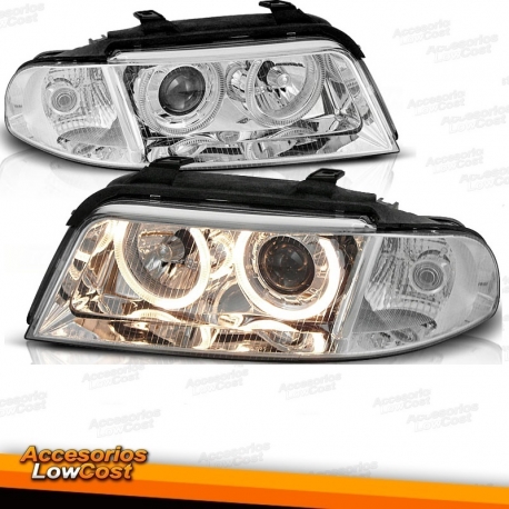 FAROS DE XENON CON LUZ DIURNA LED AUDI A4 B6 (10/00 - 11/04). FONDO CROMO CON PERFILES NEGROS.