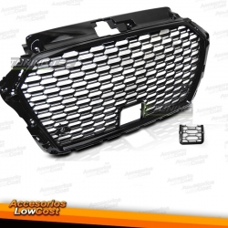 PARRILLA FRONTAL PARA AUDI A3 8V (2017-), ESTILO RS3, COLOR NEGRO BRILLO PARA PDC