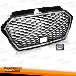 PARRILLA FRONTAL PARA AUDI A3 8V (2017-), ESTILO RS3, COLOR NEGRO BRILLO BORDE CROMO PARA PDC