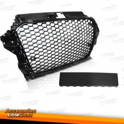 PARRILLA FRONTAL PARA AUDI A3 8V (12-16), ESTILO RS3, COLOR NEGRO BRILLO, PARA PDC.