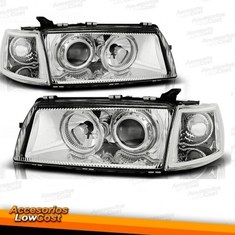 FAROS CON OJOS DE ANGEL OPEL VECTRA A 88-95. FONDO CROMADO.