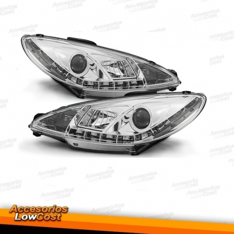 FARÓIS COM LUZ DIURNA LED / PEUGEOT 206 / 98+  FUNDO CROMADO