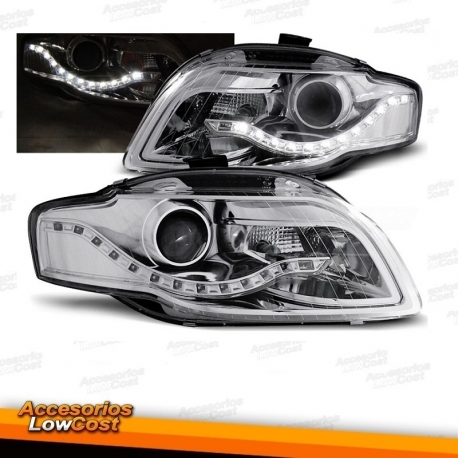 FAROIS COM LUZ DIURNA LED / AUDI A4 B7 / 04-07 FUNDO CROMADO