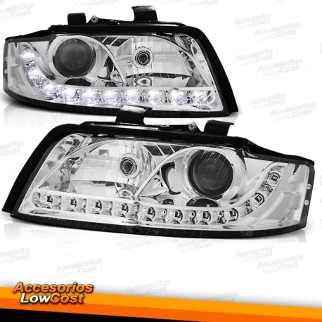 FAROS PARA AUDI A4 B6 (00-04). CRISTAL CLARO/NEGRO. CON MOLDURA LED PARA LUCES POSICION