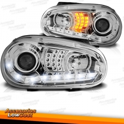 FAROS LUZ DIURNA LED GOLF 4, 97-03 CRISTAL CLARO/CROMADO.