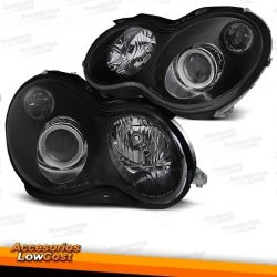 FAROS CON LUPA MERCEDES CLASE C W203, (00-04). FONDO NEGRO.BOMBILLAS H7+H7