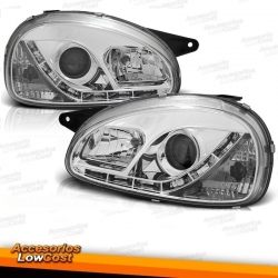 FAROIS COM LUZ DIURNA LED / OPEL CORSA B 93-00 FUNDO CROMADO