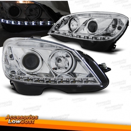 FAROIS COM LUZ DIURNA LED / MERCEDES C W204 / 07-11 FUNDO CROMADO